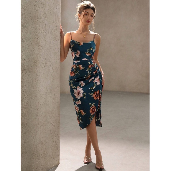 Floral Print Cowl Neckline Cami Satin Midi Dress in Dark Teal Leg Slit - Picture 3 of 8
